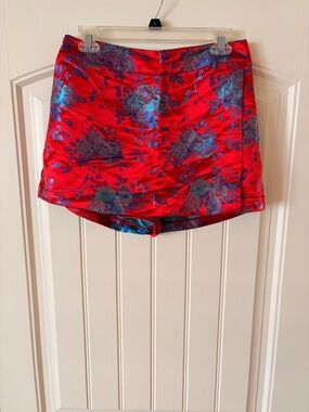 Vici Red Satin Floral Skort with Blue Accents